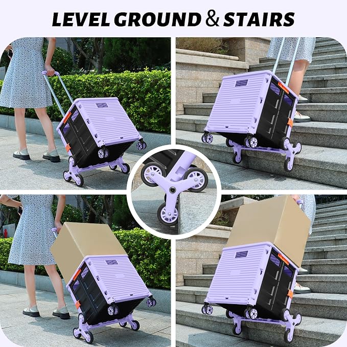 FELICON SELORSS Folding Utility Climber Cart Portable Rolling Crate-Purple | Stair Climbing Wheels+360°Swivel Wheels,Telescoping Handle,Plastic Box Dolly for Travel Shop Move Laundry Office Teacher Use - Image 3
