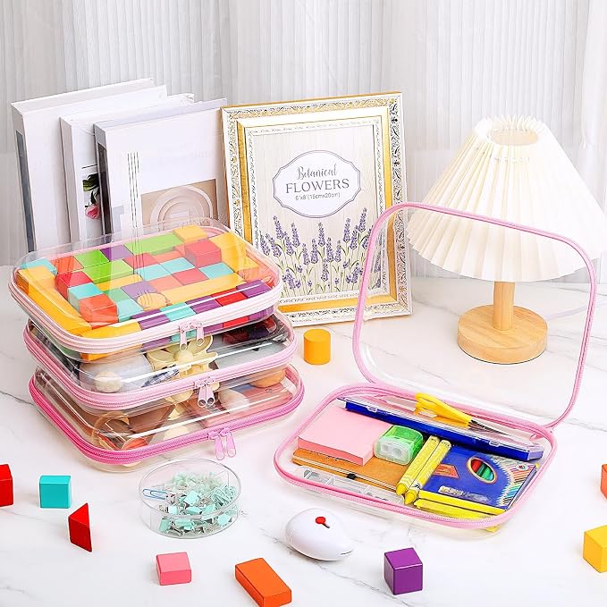 Hoolerry 4 Pcs Hard Clear Zipper Case Makeup Bags Plastic Zipper Pouch Transparent Storage Box Containers for Cosmetics, Snacks, Building Blocks, Puzzles(Clear,9.8 x 7.9 x 2 in,Pink) - Image 6