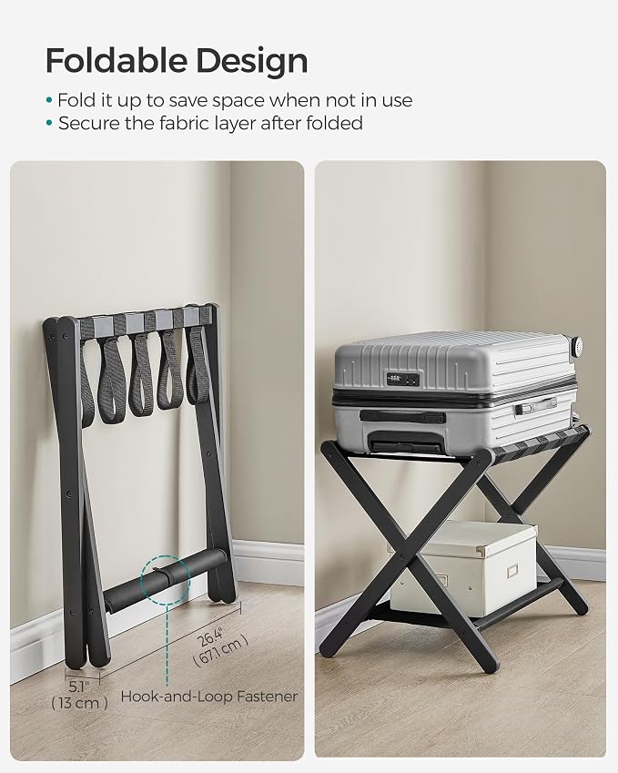 SONGMICS Luggage Rack, Folding Suitcase Stand with Storage Shelf, for Guest Room, Hotel, Bedroom, Heavy-Duty, Holds up to 131 lb, Classic Black URLR007B01 - Image 7