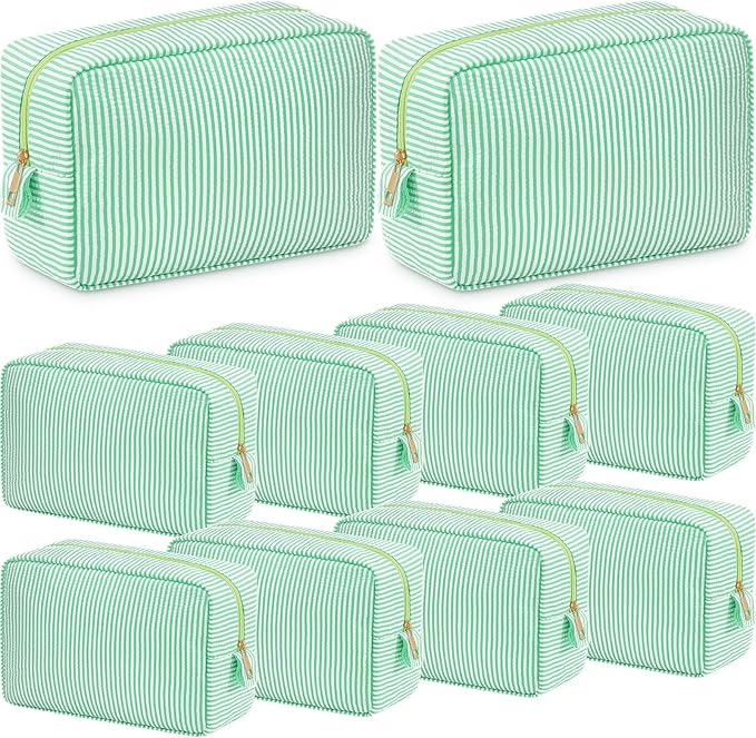 Sanwuta 10 Pcs Seersucker Cosmetic Bag Seersucker Makeup Bag Women Stripe Large Travel Toiletry Organizer Preppy Storage Pouch for Embroidery Wedding Bridesmaid Bride Mom (Green) by Sanwuta