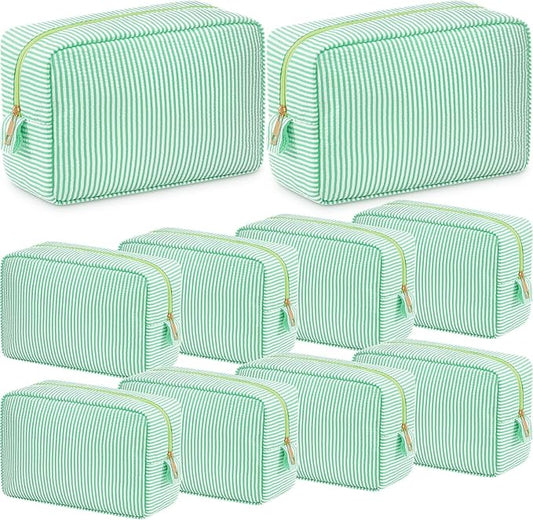 Sanwuta 10 Pcs Seersucker Cosmetic Bag Seersucker Makeup Bag Women Stripe Large Travel Toiletry Organizer Preppy Storage Pouch for Embroidery Wedding Bridesmaid Bride Mom (Green) by Sanwuta