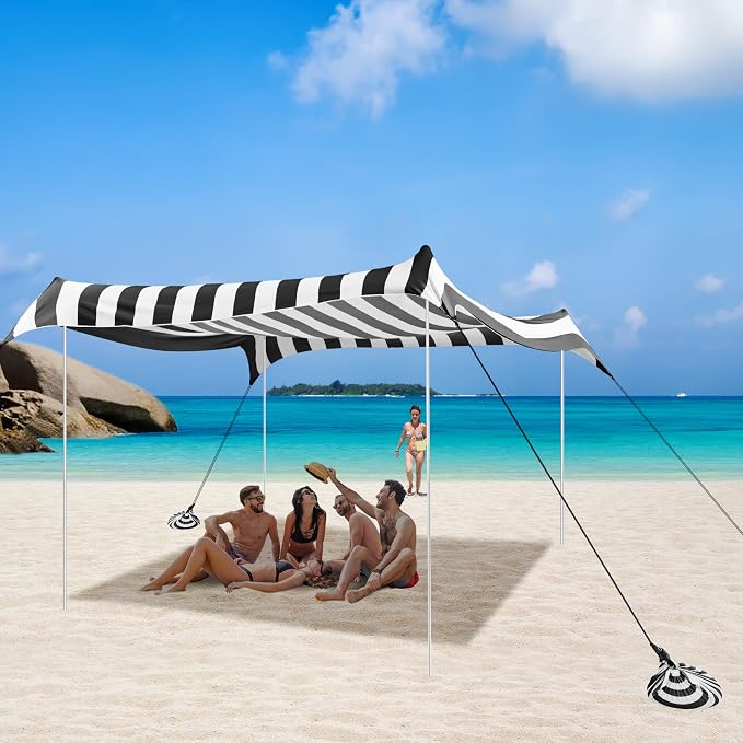Beach Tent, Beach Canopy Sun Shade UPF 50+, Portable 10×10 FT Camping Sun Shelter with Sandbags, Poles, Ground Pegs and Anti-Wind Ropes for Outdoor, Backyard, Picnics, Fishing-Black Stripe - Image 2