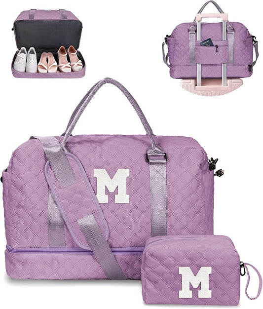 Gifts for Daughter - Personalized Travel Bag with Shoe Compartment, Monogram Overnight Bag for Women, Sister Friend Girlfriend Gifts (Letter M) by Vogewood