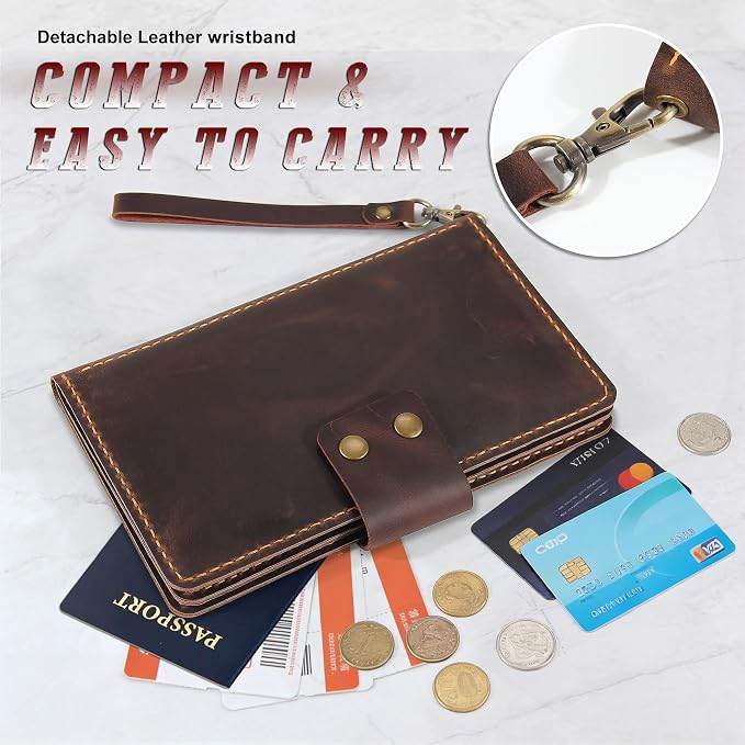 Handmade Genuine Leather Family Passport Holder | Travel Document Organizer Holds 4 Passports | Vintage Wristlet Wallet with Credit Card Slots (D.Brown) - Image 5