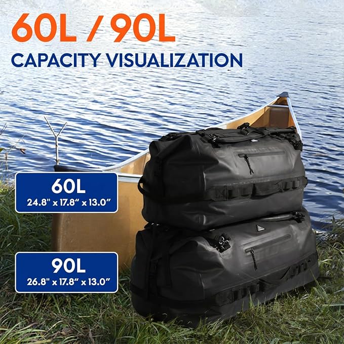 Haimont IPX7 Waterproof Roll-Top Dry Duffel Backpack | 60L/90L Sizes, 500D Tarpaulin, Welded Seams, Mesh Pockets, Boating & Kayaking - Image 7