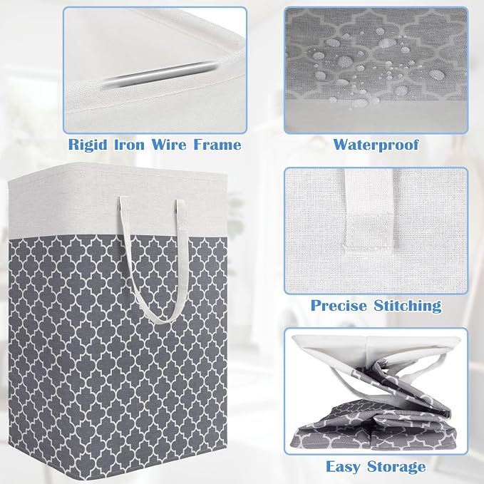 BlissTotes 3-Pack Laundry Basket, Freestanding＆Waterproof Laundry Hamper, Collapsible Tall Clothes Hamper with Easy Carry Handles for Clothes, Towels in the Family and Dorm,Clover Grey,100L - Image 4
