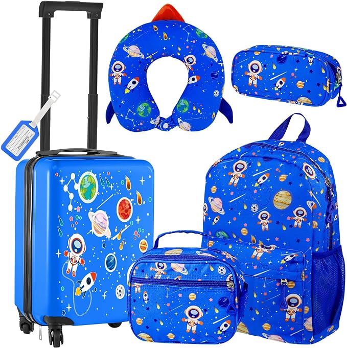 Redbaker 6 Pcs Luggage Set, 17 Inch Rolling Suitcase with Backpack, Lunch Bag and Neck Pillow, Blue Astronaut Travel Set for Summer Vacation, Weekend Trips and Sleepovers - Image 8