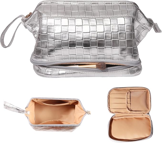 Abiudeng Large Capacity Makeup Bag Ladies Cosmetic Bag Travel Bag with Compartments Portable PU Leather Travel Makeup Bag with Handle by Abiudeng