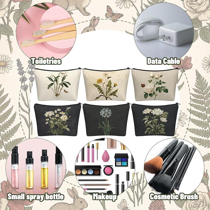Sweetude 12 Pcs Vintage Flowers Makeup Bag Bulk Rustic Country Gifts Portable Travel Cosmetic Bags with Zipper Retro Floral Waterproof Roomy Travel Toiletry Organizer Storage Beauty Pouch for Women - Image 4