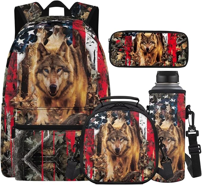 Wolf School Bags for Boys 7-10 10-12 American Flag Backpacks for Girls with Lunch Box Pencil Case Water Bottle Holder 4-Piece Teens Student Bookbag Set for Elementary School by Unknown