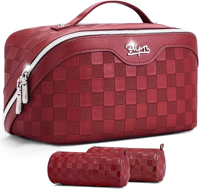 BOYATU Travel Makeup Bag Organizer: 3 Pcs Set Large Capacity Cosmetic Bags Holds 10–20 100ml Full-Size Bottles - 180°Open-Flat Make up Case 3-sec touch-up - Toiletry Bag Gift women (03-A-Red) by BOYATU