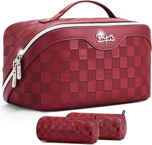 BOYATU Travel Makeup Bag Organizer: 3 Pcs Set Large Capacity Cosmetic Bags Holds 10–20 100ml Full-Size Bottles - 180°Open-Flat Make up Case 3-sec touch-up - Toiletry Bag Gift women (03-A-Red) by BOYATU