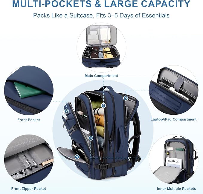 BAGOK Carry On Travel Backpack, 35L-40L Expandable Extra Large Airline Approved,Lightweight Daypack for Men and Women（Blue） - Image 3