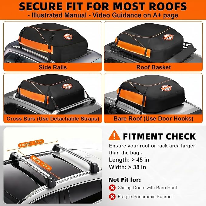 Sailnovo Aerodynamic Rooftop Cargo Carrier Bag, 15 Cubic Feet Waterproof Car Top Carrier for All Vehicles with/Without Racks, Holds Luggage for 2-4, Includes Anti-Slip Mat, Storage Bag, Luggage Lock - Image 4