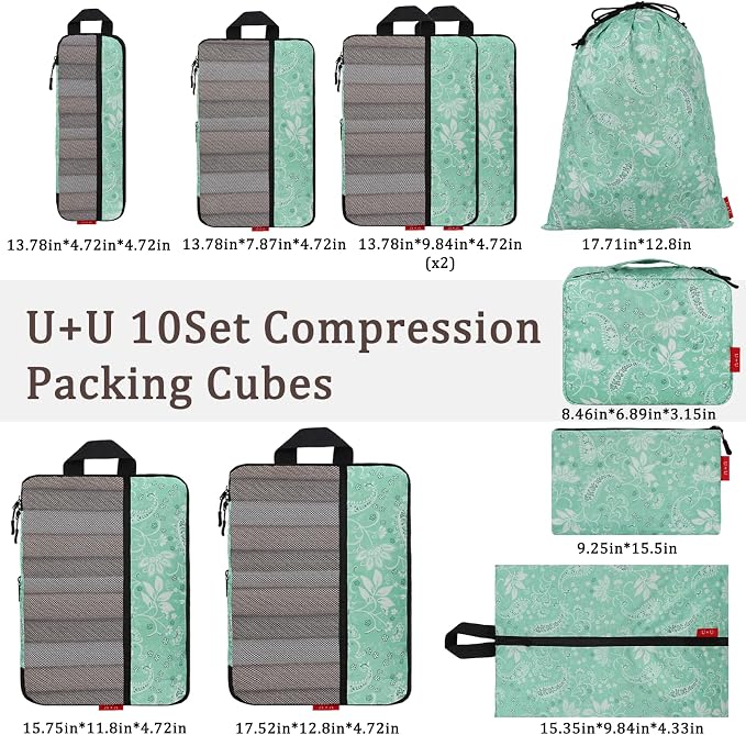 U+U 10 Set Compression Packing Cubes - Ultralight Travel Organizers with Laundry Bag and Cosmetic Bag, Space-Saving Suitcase Organizer for Travel, Business Trip and Family Vacation (Green Paisley) - Image 3