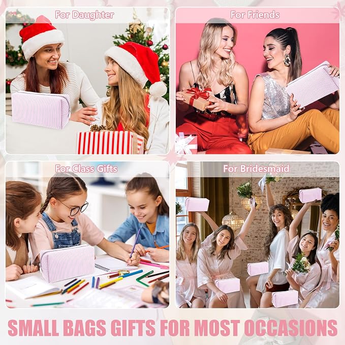 Giesiery 8 Pcs Seersucker Makeup Bags Striped Cosmetic Bags Bulk Organizer for Women Preppy Travel Toiletry Pouch for Wedding Bridesmaid Gifts (Light Pink, Medium) - Image 6