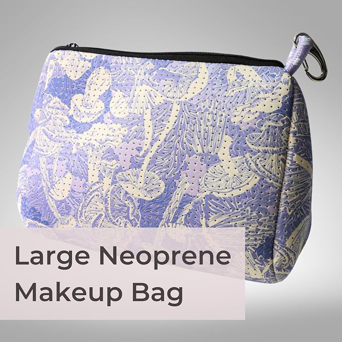 POPUPS Brand Large Makeup Bag with Zipper - Neoprene Machine Washable Travel Toiletry Cosmetic Organizer Pouch for Women (Print Shrooms Lilac) - Image 2