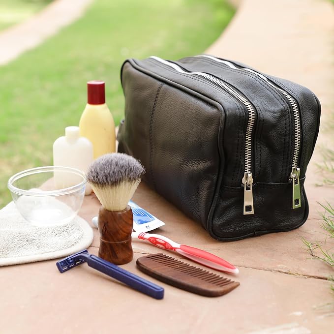 RUSTIC TOWN Full Grain Leather Travel Toiletry Bag - Cosmetic Makeup Kit Organizer (Medium, Black) - Image 7