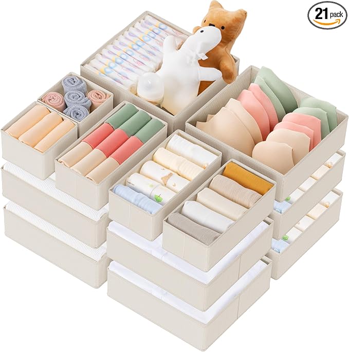 Criusia Drawer Organizer Clothes, 21 Pack Dresser Organizer for Baby Clothes, Underwear, Sock - Foldable Closet Organization and Storage Dividers Bins for Nursery, Bedroom (Oatmeal) by Criusia