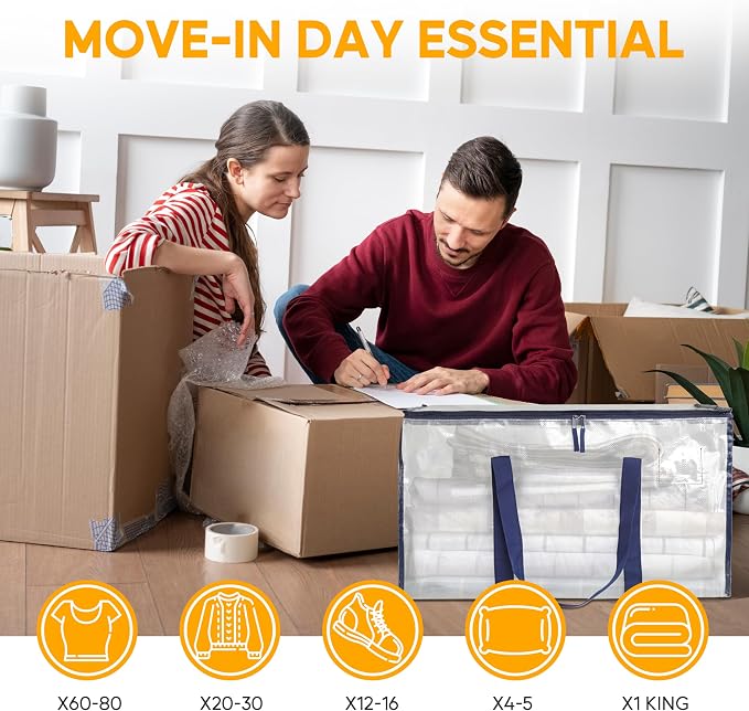 HealSmart 6 Pack Large Moving Bags with Zippers & Handles, Moving Supplies with lids, Heavy Duty Totes for Space Saving, Fold Flat, Moving and Storing, Clear - Image 6