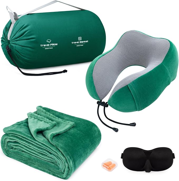 urnexttour Travel Pillow and Blanket Set Neck Pillows Travel Essentials with Sleep Mask for Airplane Car Memory Foam Green by Urnexttour