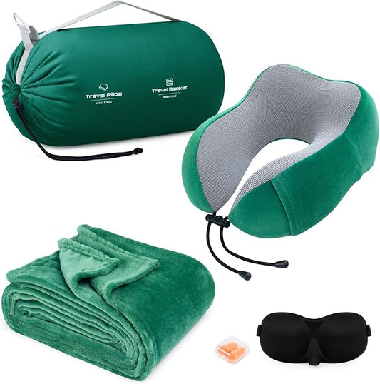 urnexttour Travel Pillow and Blanket Set Neck Pillows Travel Essentials with Sleep Mask for Airplane Car Memory Foam Green by Urnexttour