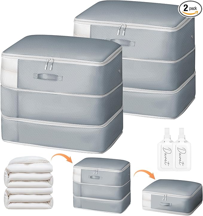 Comforter Storage Bag - Large Capacity Blanket Storage Bags 3-Layer Ultra Space Saving Self Compression Organizer, Washable Compression Bags for Storage Comforter Blanket, 2-Pack, Grey by EasortmPackingCubes