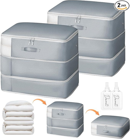 Comforter Storage Bag - Large Capacity Blanket Storage Bags 3-Layer Ultra Space Saving Self Compression Organizer, Washable Compression Bags for Storage Comforter Blanket, 2-Pack, Grey by EasortmPackingCubes