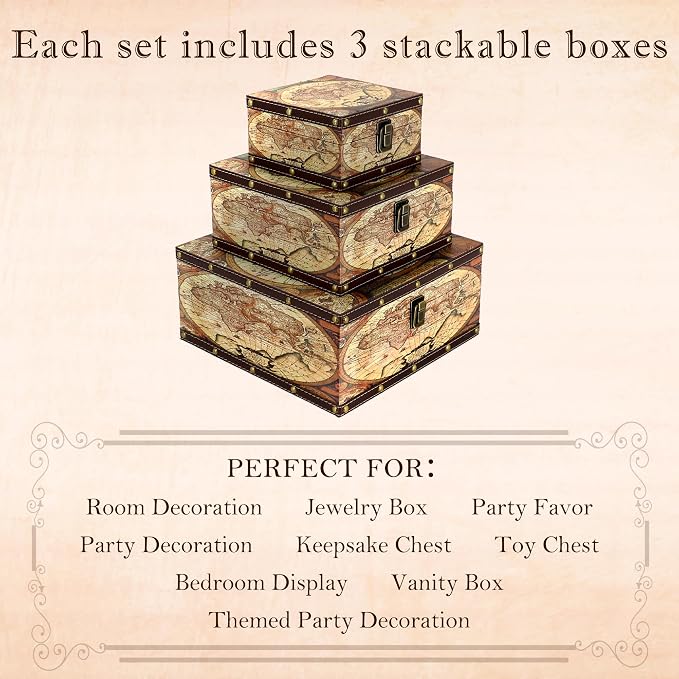 Jolitac Wooden Storage Box Set of 3, Antique-Looking Storage Containers with Secret Compartments Vintage Nesting Keepsake Chests for Jewelry, Cash, Photos Travel-Friendly & Stackable (Map) - Image 7