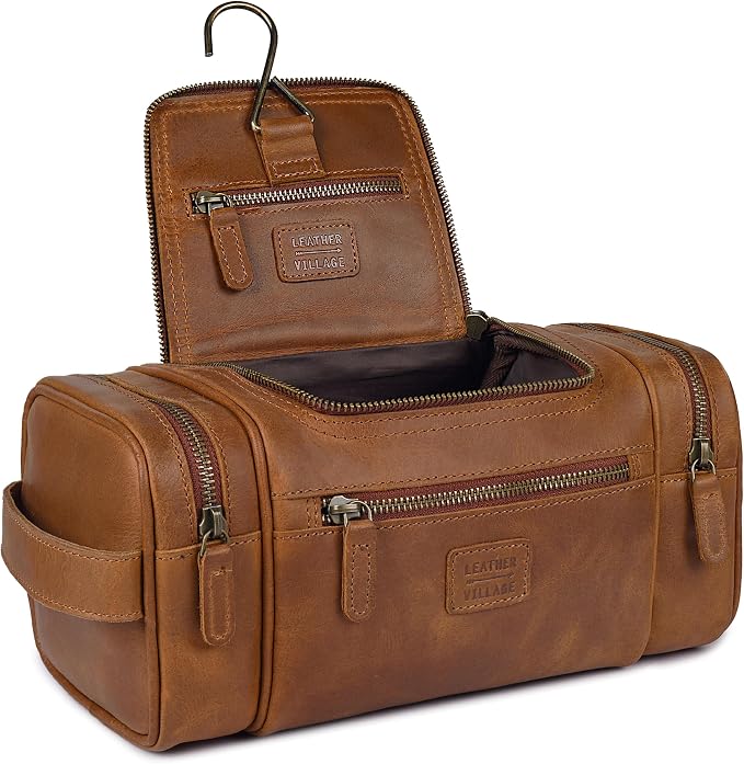 LEATHER VILLAGE Genuine Leather Travel Dopp Kit for Men & Women – Water-Resistant Large-Capacity Hanging Toiletry Bag for Travel, Grooming, Bathroom Organization, Shaving Essentials & Gym Use - Tan by LeatherVillage