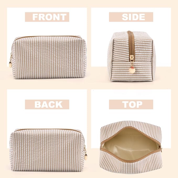 3PCS Makeup Bag Travel Toiletry Bag for Women, Small Cosmetic Bags Cute Brown Stripe Aesthetic Organizer Makeup Pouch for Purse Emergency Bag Pencil Case Accessory Bag - Image 3