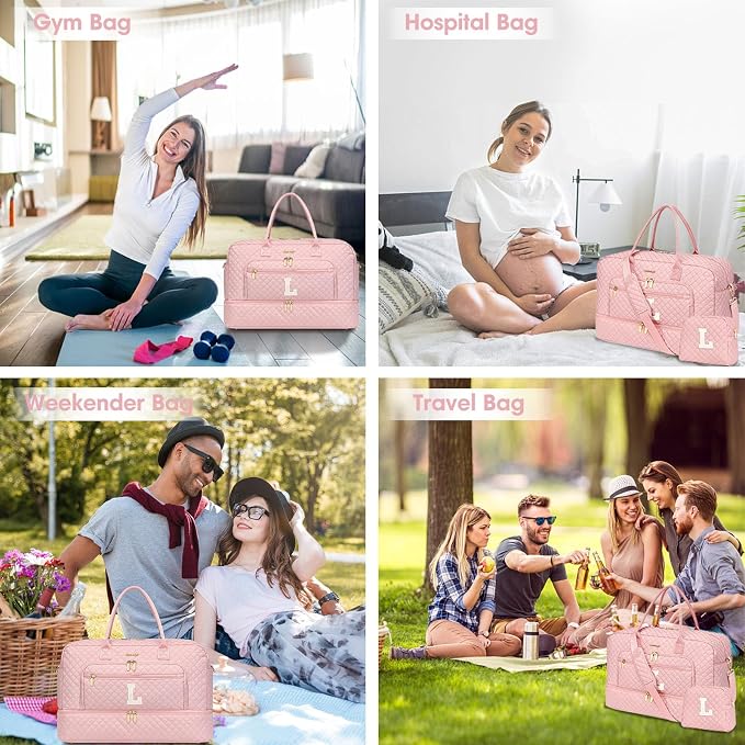 Initial Travel Duffle Bag for Women - Pink Personalized Weekender Bags Overnight Bag with Shoe Compartment & Wet Pocket Weekend Tote Bags with Toiletry Bag Monogram Xma Gifts (Letter L) - Image 6