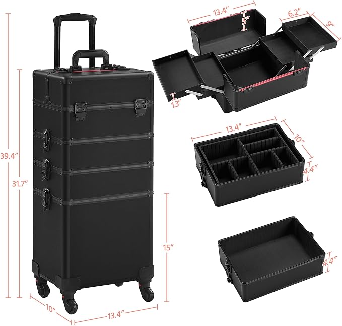 Yaheetech 4 in 1 Rolling Makeup Train Case, Lockable Black Cosmetology Cart | Extra large aluminum-trimmed nail cart with detachable tiers and accordion trays keeping beauty supplies organized on the go - Image 3