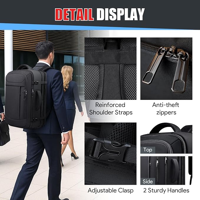 Expandable Travel Backpack 45L-55L, Extra Large Carry on Backpack Hiking Camping Rucksack with Waterproof Wet Pocket, Anti-Theft 18.4 Inch Gaming Laptop Bag for Road Trip Outdoor Sports, Black - Image 7