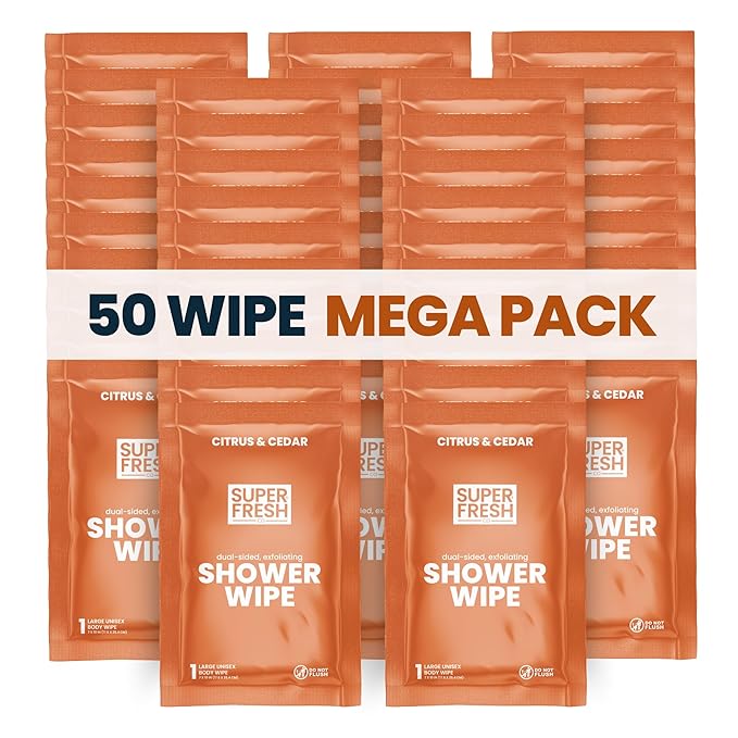 Super Fresh Shower Wipes Large Citrus Body Wipes for No Rinse Bathing Personal Hygiene Gym Travel or Camping Enriched with Aloe and Vitamin E 50 Individually Wrapped Disposable Sheets