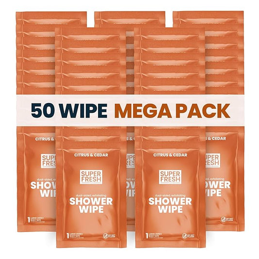 Super Fresh Shower Wipes Large Citrus Body Wipes for No Rinse Bathing Personal Hygiene Gym Travel or Camping Enriched with Aloe and Vitamin E 50 Individually Wrapped Disposable Sheets