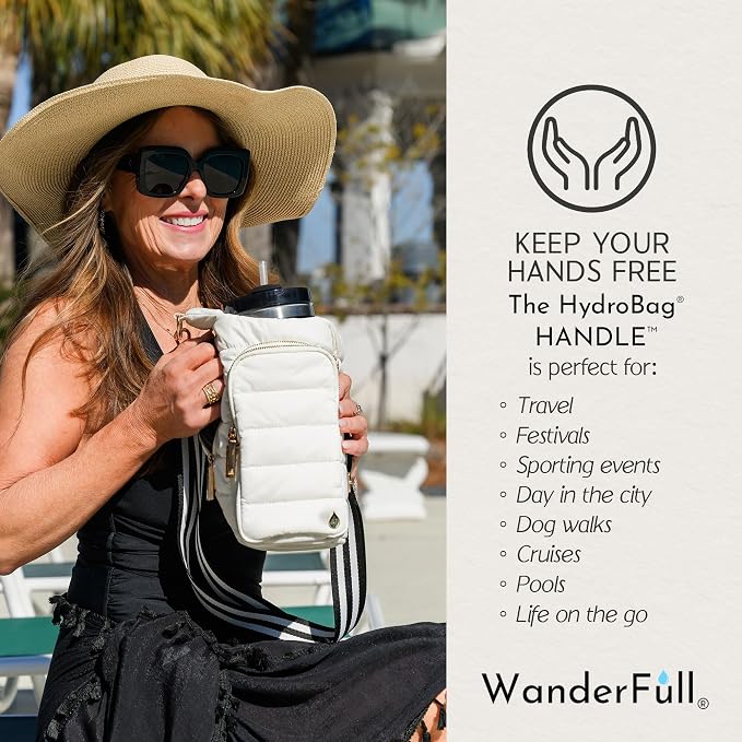 WanderFull Original HydroBag Handle®, Zipper for Handle, 40 oz Water Bottle Holder w/Strap, Crossbody Carrier Bag w/Phone Pocket - White Ripstop - Image 2