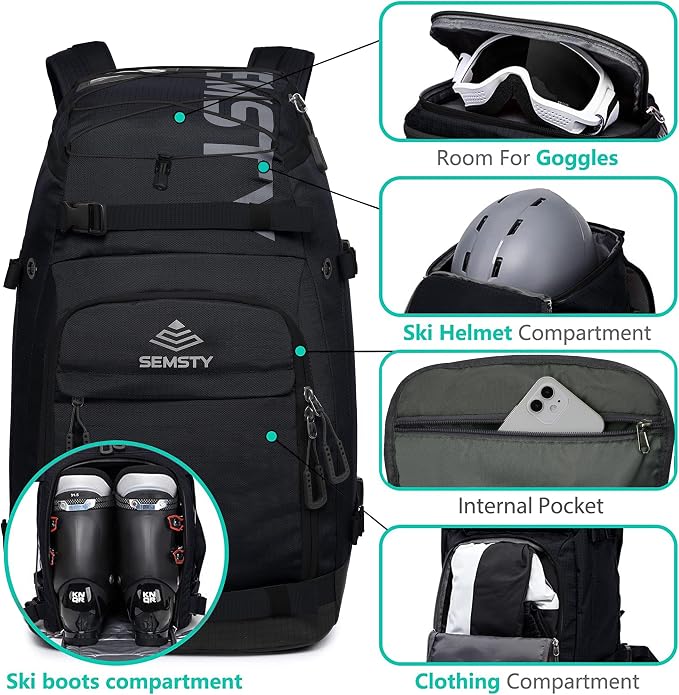 Ski Boot Bag, 55L/70L Waterproof Ski and Snowboard Boots Travel Backpack for Skis, Snowboard, Ski Helmet, Goggles, Gloves & Accessories - Image 3