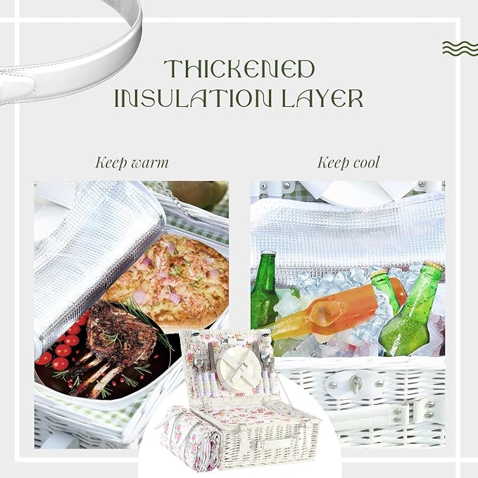 Picnic Basket Set for 4 with Waterproof Blanket Mat Insulation Bag Wicker Pink White Floral Classic Fresh Gift for Christmas Thanksgiving Wedding Birthday Camp Outdoor Beach Travel - Image 6