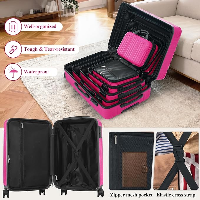 Dark Pink 6 Piece Luggage Set Hard Shell - Traveling Suitcases with Spinner Wheels and Small Cases for Family Travel, Durable Carry On Luggage Sets with Lock for Women and Girls - Image 5