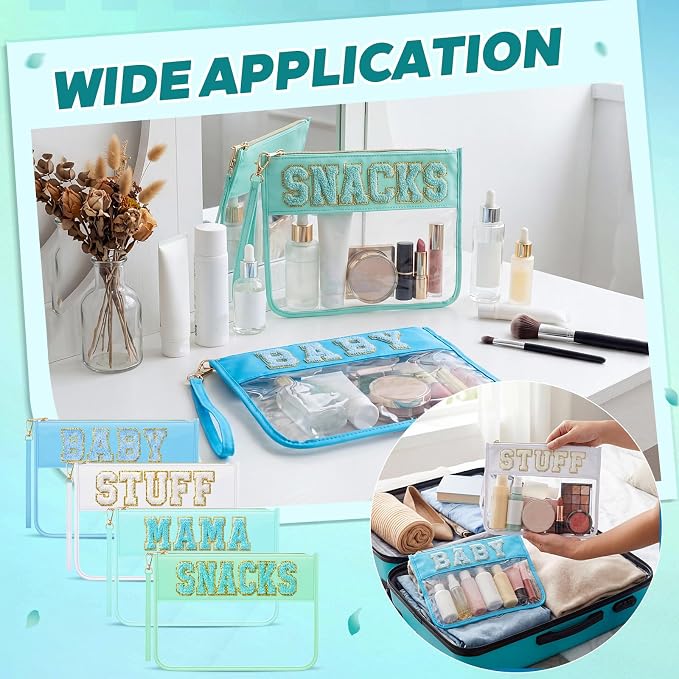 4 Pcs Mama Baby Snacks Stuff Clear Pouch Set, Chenille Letter Diaper Bag Organizer Pouches, Transparent Travel Toiletry Makeup Bags for New Mom Baby Shower - Image 6