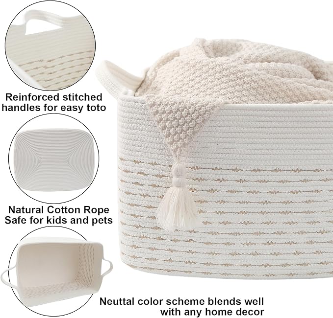 65L Collapsible Woven Rope Laundry Basket with Handles, Yellow | 21x16x12 Foldable Rectangular Blanket Basket for Toys, Clothes & Pillows,Ideal for Nursery, Bathroom, Bedroom, Living Room - Image 3