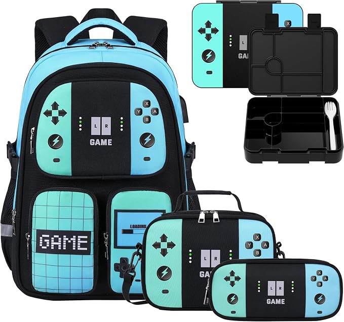 Jafeton School Backpack for Boys, 4 PCS Gamer Boy Backpack Set with Bento Box, Lunch Box & Pencil Pouch, Waterproof Schoolbag for Boys Kids Teens, Elementary Middle School, Kid Bookbag Casual Daypack by Jafeton