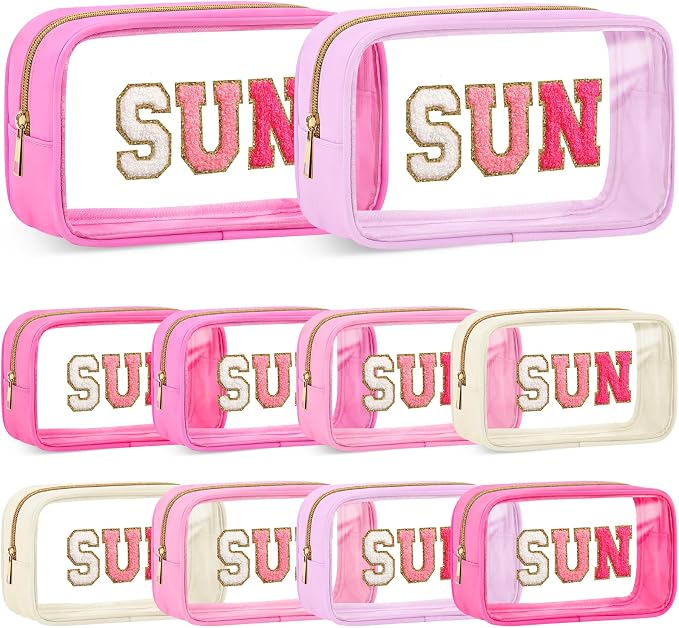 Kacctyen 10 Pcs Sun Clear Makeup Bags with Zipper in 5 Assorted Colors, Chenille Letter Sunscreen Bags Bulk, Clear Waterproof Cosmetic Bag for Women Beach Pool Trip & Summer Birthday Party Favors by Kacctyen