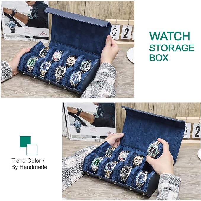 Hiram Genuine Leather Hexagon Watch Roll Travel Case, Leather 8-Watches Roll Case with Removable Pillow Cushion for Treasured Watches and Bracelets-Blue - Image 5