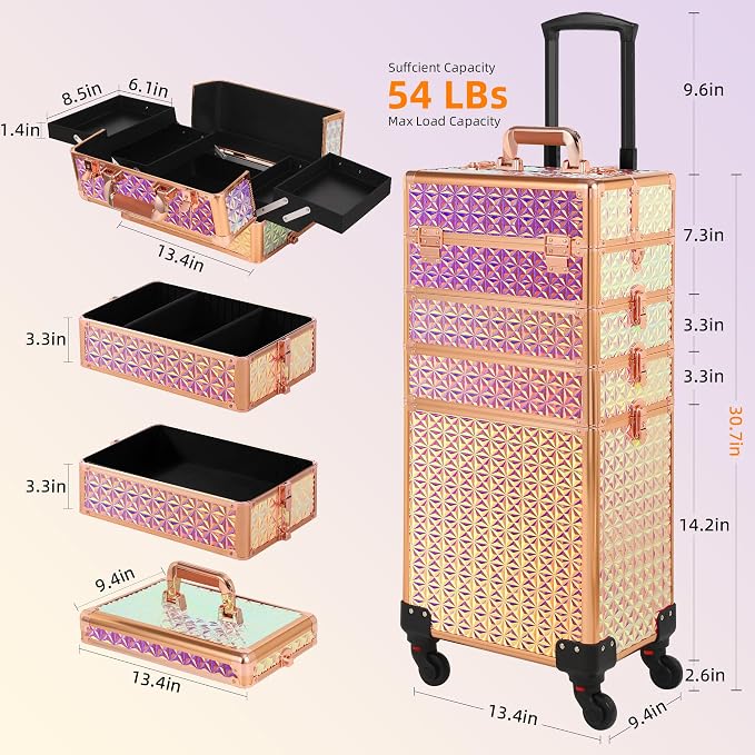 Somduy Rolling Makeup Case, Makeup Train Case with Lid, 5 in 1 Cosmetology Case on Wheels, Christmas Gift, Large Makeup Organizers, Profesional Cosmetic Case for Salon Barber, Bright Pink - Image 5