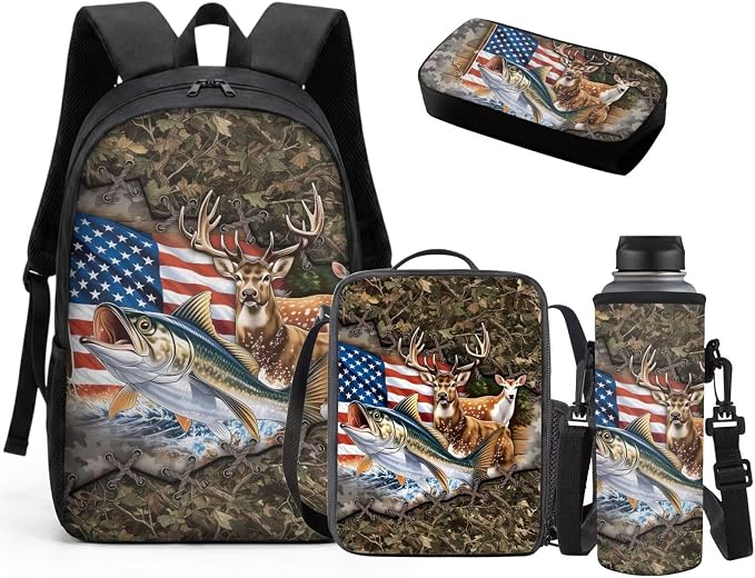 GIFTPUZZ 4 Piece Camouflage Deer Fish American Flag Backpack Set for Kids | Patriotic Bookbag with Lunch Box for Boys Elementary School, Zip up Pencil Case Pouch, Water Bottle Sleeve, Ages 6-8 by GIFTPUZZ