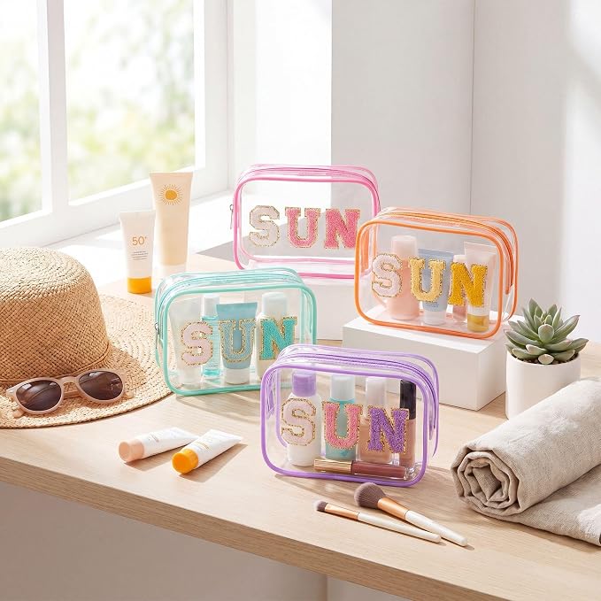 Kacctyen 20 Pcs Clear Sun Makeup Bags Bulk 5 Colors Sunscreen Pouch Beach Pool Waterproof Toiletry Cosmetic Bags Set Preppy Chenille Letter Patch Zip Organizer Girls Summer Vacation Gifts Essentials - Image 3