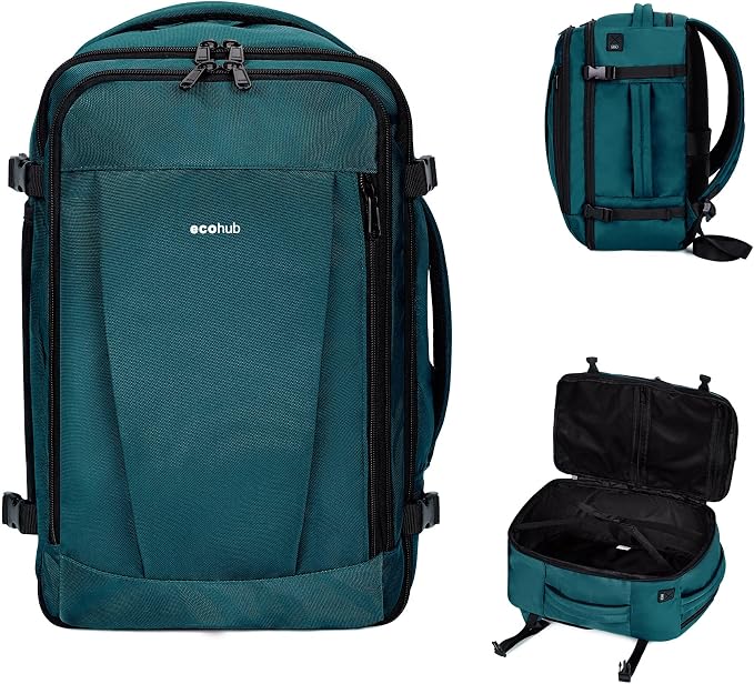 ECOHUB Travel Backpack 18x14x8 Spirit Airlines Personal Item Bag Carry On Backpack 13 Pockets Large Work Casual Daypack for men Airline Approved Waterproof Gym Backpack with Charging Port, Blue Green by ECOHUB