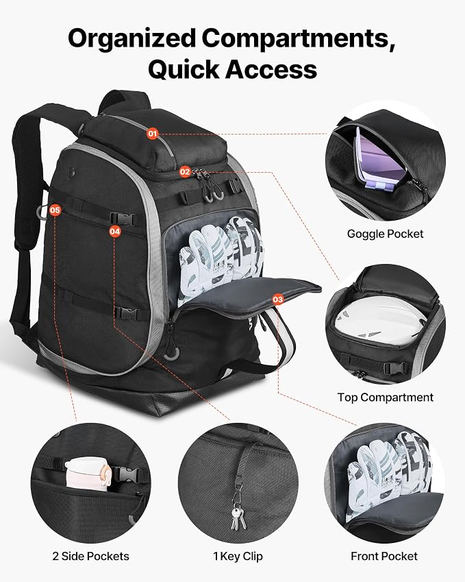 VEVOR Ski Boot Bag, Snowboard Boots Travel Backpack for Men Women, with Waterproof Exterior & Bottom, Durable 1680D Oxford, Bag for Skis, Snowboard, Helmet, Goggles, Gloves, Accessories - Image 3